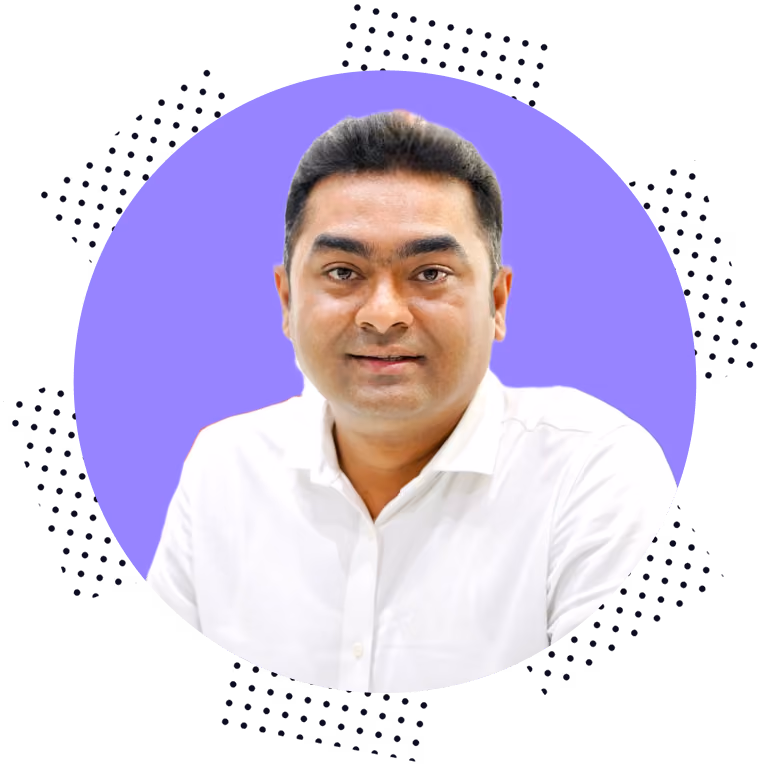 Meet Amar Gujar, with the original purple circle and dotted portrait artwork.
